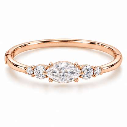 MISSISSI U12 east-west marquise-cut lab-grown diamond closed oval bangle in 14K soft rose gold, white-background hero, with two graduated round diamonds on each shoulder.