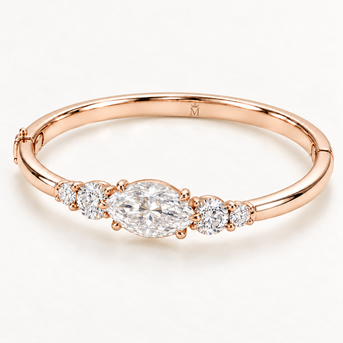 MISSISSI U12 east-west marquise-cut lab-grown diamond closed oval bangle in 14K soft rose gold, three-quarter view, with two graduated round diamonds on each shoulder.