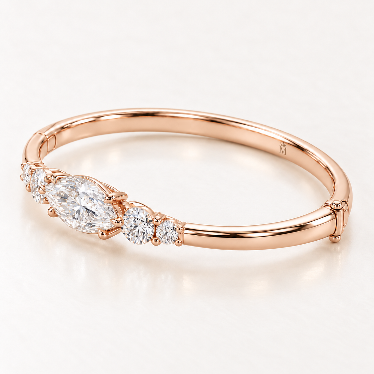 MISSISSI U12 east-west marquise-cut lab-grown diamond closed oval bangle in 14K soft rose gold, side-profile, inner-band and clasp view, with two graduated round diamonds on each shoulder.