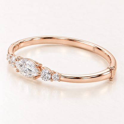 MISSISSI U12 east-west marquise-cut lab-grown diamond closed oval bangle in 14K soft rose gold, side-profile, inner-band and clasp view, with two graduated round diamonds on each shoulder.