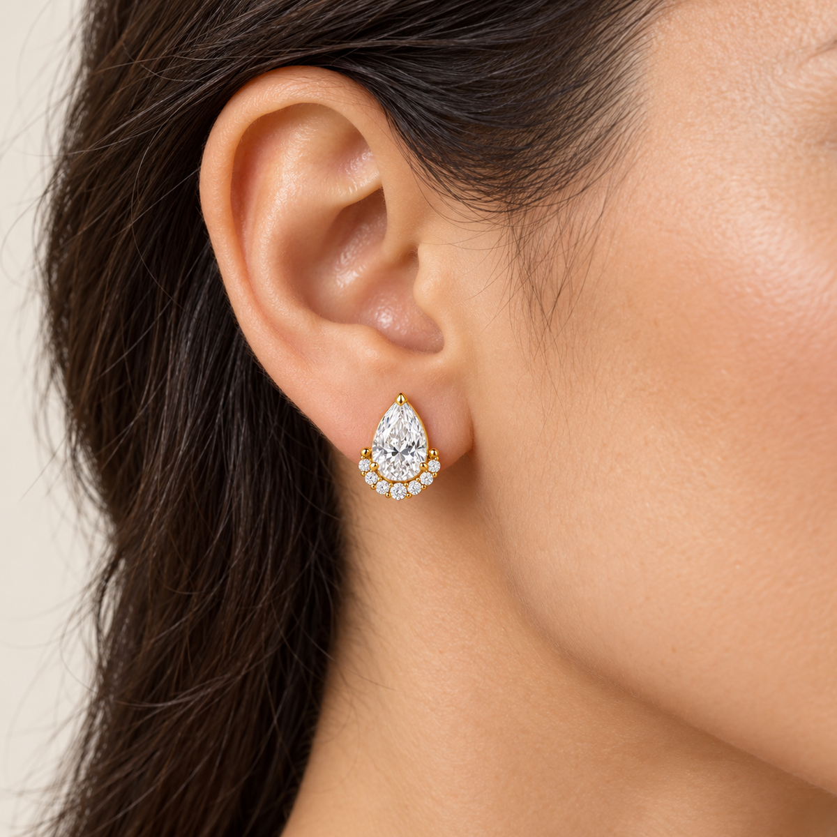 MISSISSI Pear Diamond Jacket lab-grown diamond earrings in 14K yellow gold, natural-scale adult ear wear.