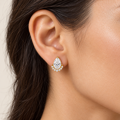 MISSISSI Pear Diamond Jacket lab-grown diamond earrings in 14K yellow gold, natural-scale adult ear wear.