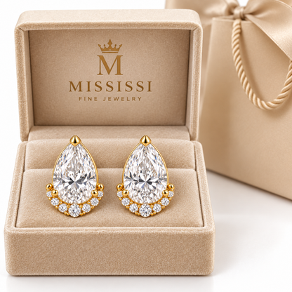 MISSISSI Pear Diamond Jacket lab-grown diamond earrings in 14K yellow gold, branded jewelry box presentation.