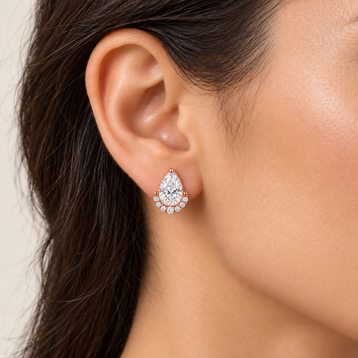 MISSISSI Pear Diamond Jacket lab-grown diamond earrings in 14K rose gold, natural-scale adult ear wear.
