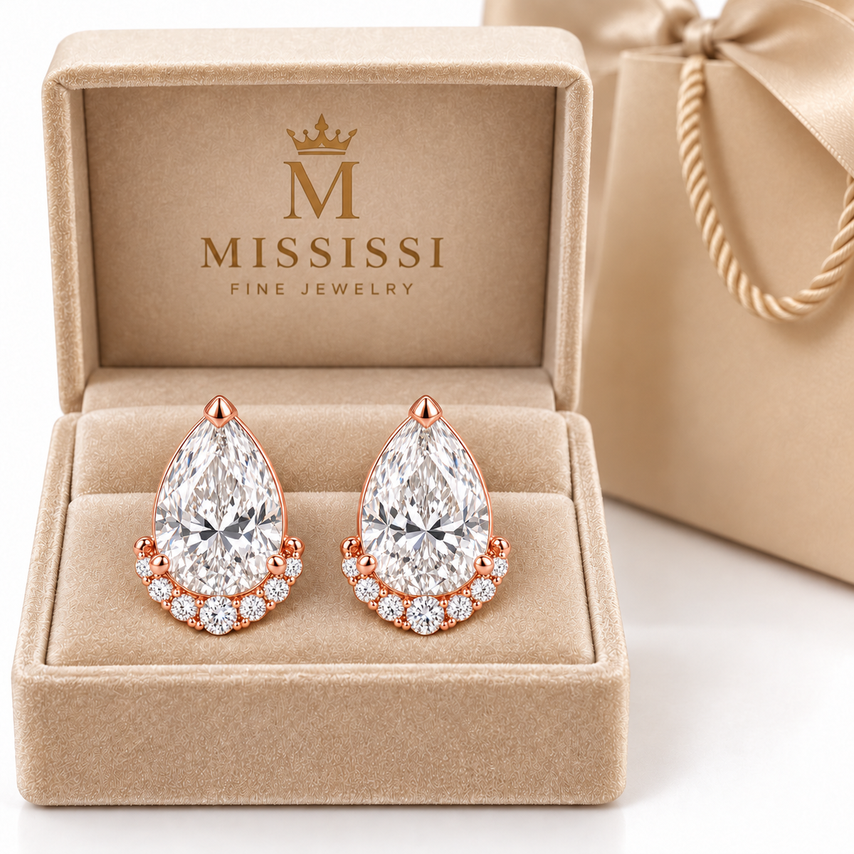MISSISSI Pear Diamond Jacket lab-grown diamond earrings in 14K rose gold, branded jewelry box presentation.