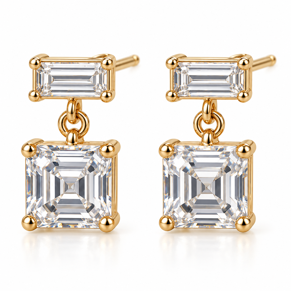 MISSISSI Asscher Swing lab-grown diamond earrings in 14K yellow gold, front hero on white.