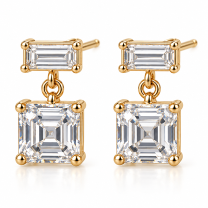 MISSISSI Asscher Swing lab-grown diamond earrings in 14K yellow gold, front hero on white.