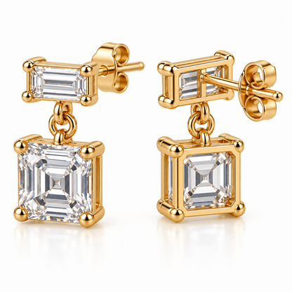 MISSISSI Asscher Swing lab-grown diamond earrings in 14K yellow gold, rear and post profile.