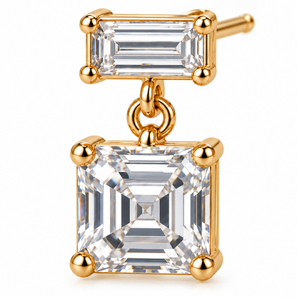 MISSISSI Asscher Swing lab-grown diamond earrings in 14K yellow gold, diamond macro detail.