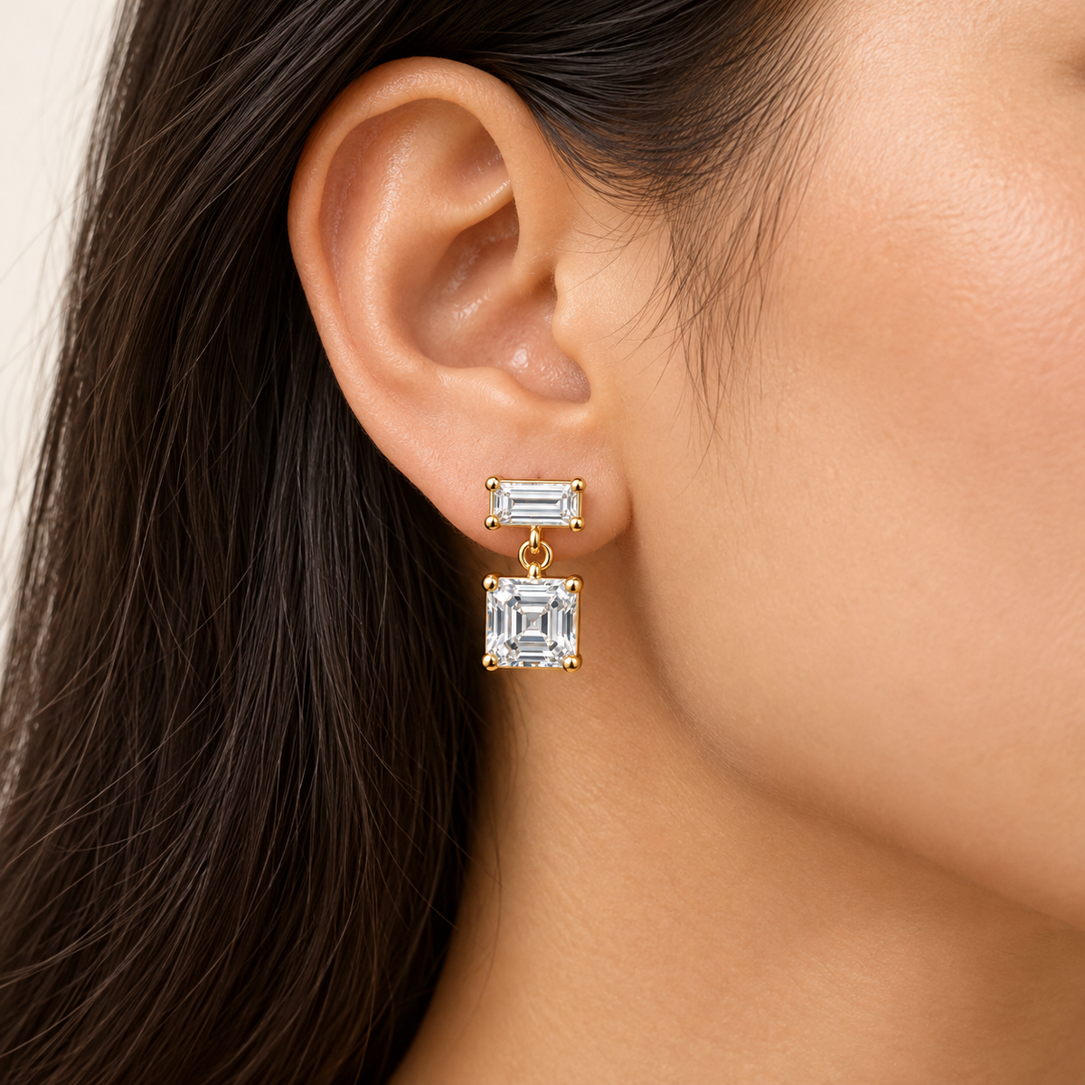 MISSISSI Asscher Swing lab-grown diamond earrings in 14K yellow gold, natural-scale adult ear wear.