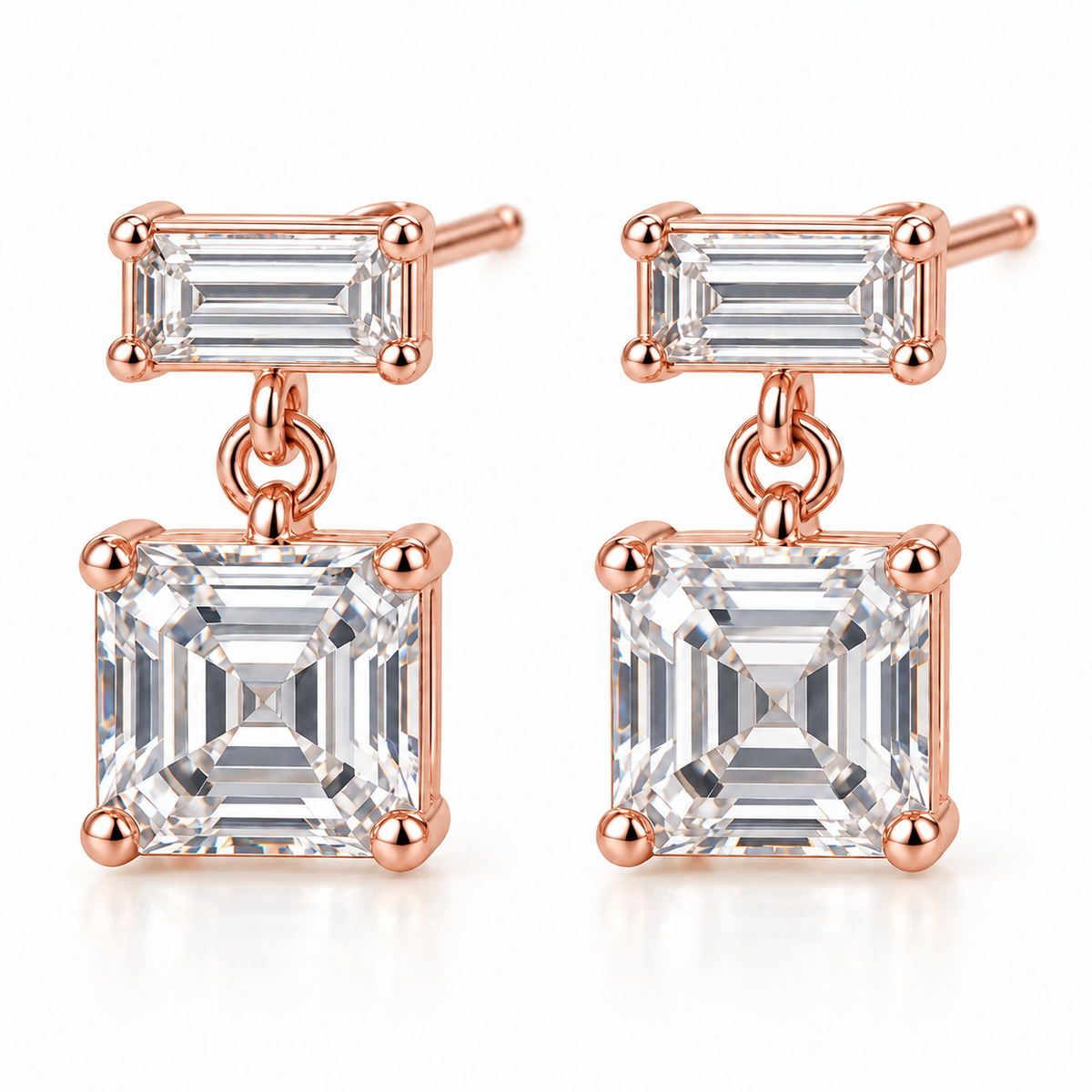 MISSISSI Asscher Swing lab-grown diamond earrings in 14K rose gold, front hero on white.