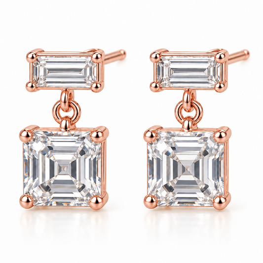 MISSISSI Asscher Swing lab-grown diamond earrings in 14K rose gold, front hero on white.