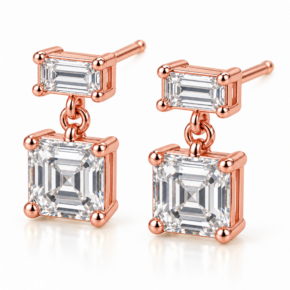 MISSISSI Asscher Swing lab-grown diamond earrings in 14K rose gold, three-quarter view.