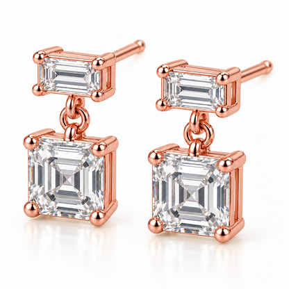 MISSISSI Asscher Swing lab-grown diamond earrings in 14K rose gold, three-quarter view.