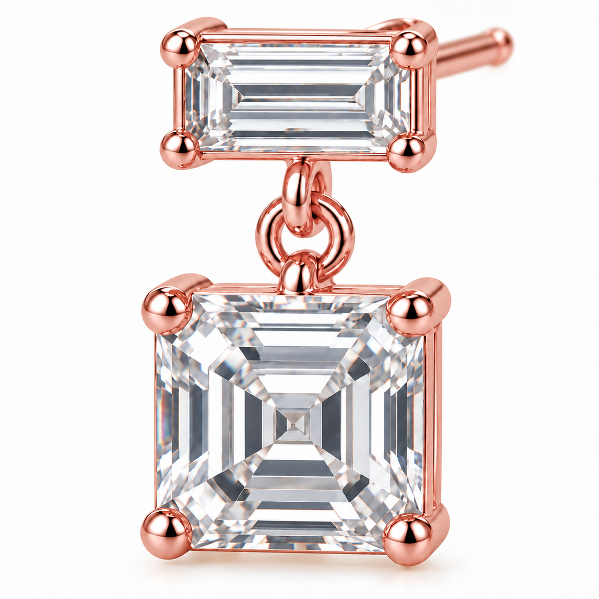 MISSISSI Asscher Swing lab-grown diamond earrings in 14K rose gold, diamond macro detail.