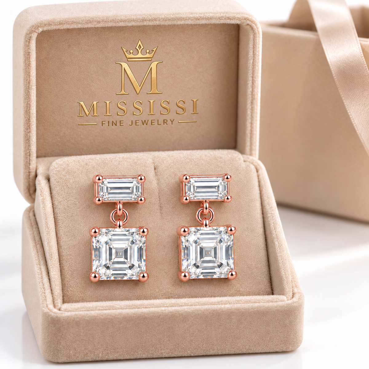 MISSISSI Asscher Swing lab-grown diamond earrings in 14K rose gold, branded jewelry box presentation.