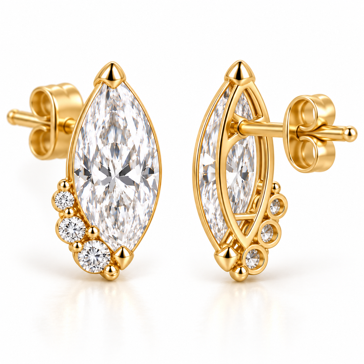 MISSISSI Marquise Curl lab-grown diamond earrings in 14K yellow gold, rear and post profile.