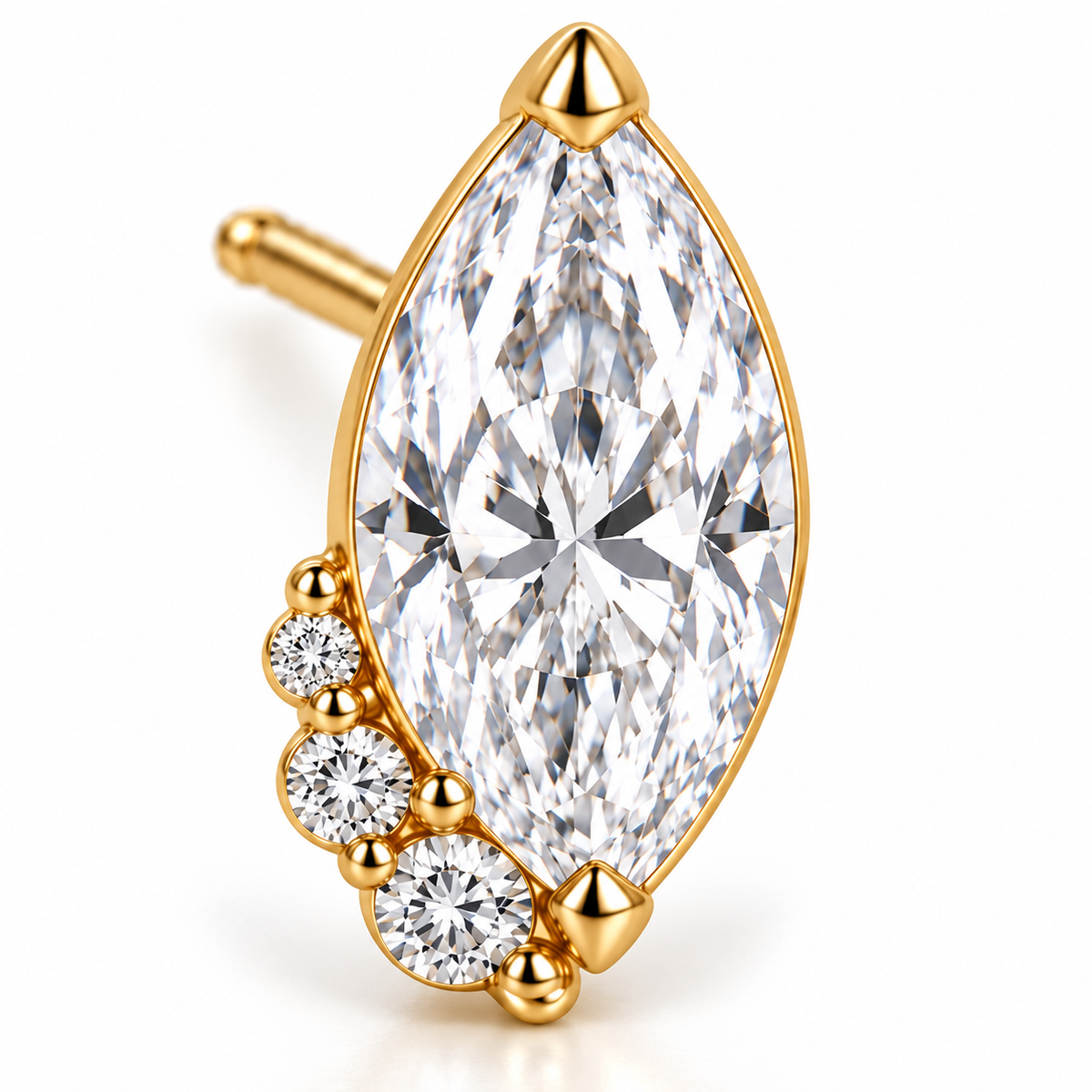 MISSISSI Marquise Curl lab-grown diamond earrings in 14K yellow gold, diamond macro detail.