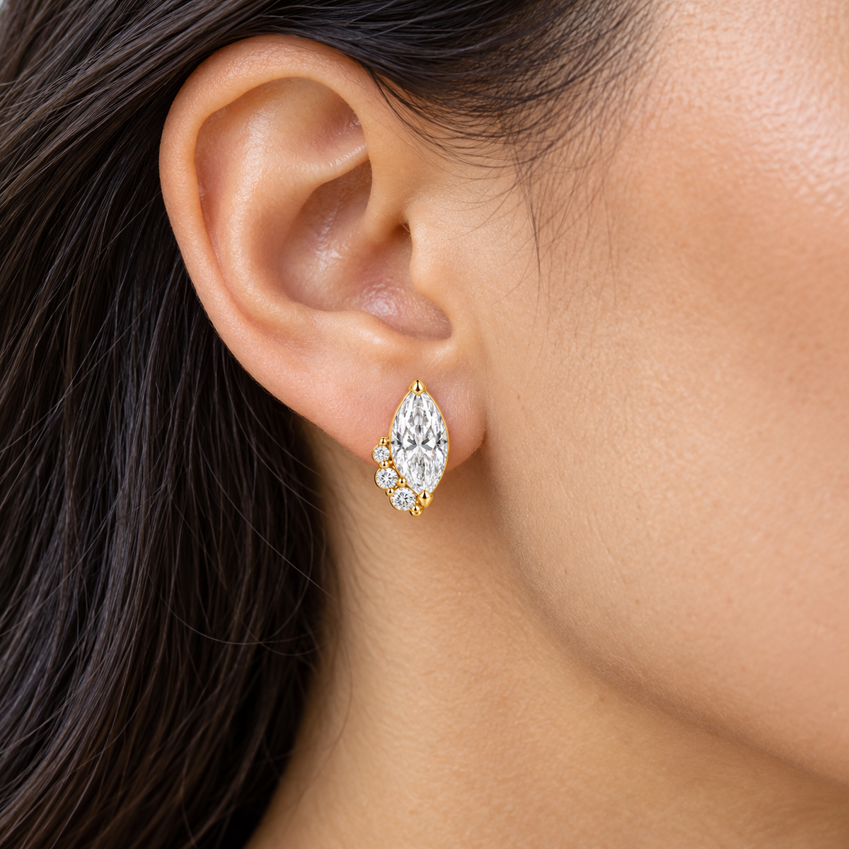 MISSISSI Marquise Curl lab-grown diamond earrings in 14K yellow gold, natural-scale adult ear wear.