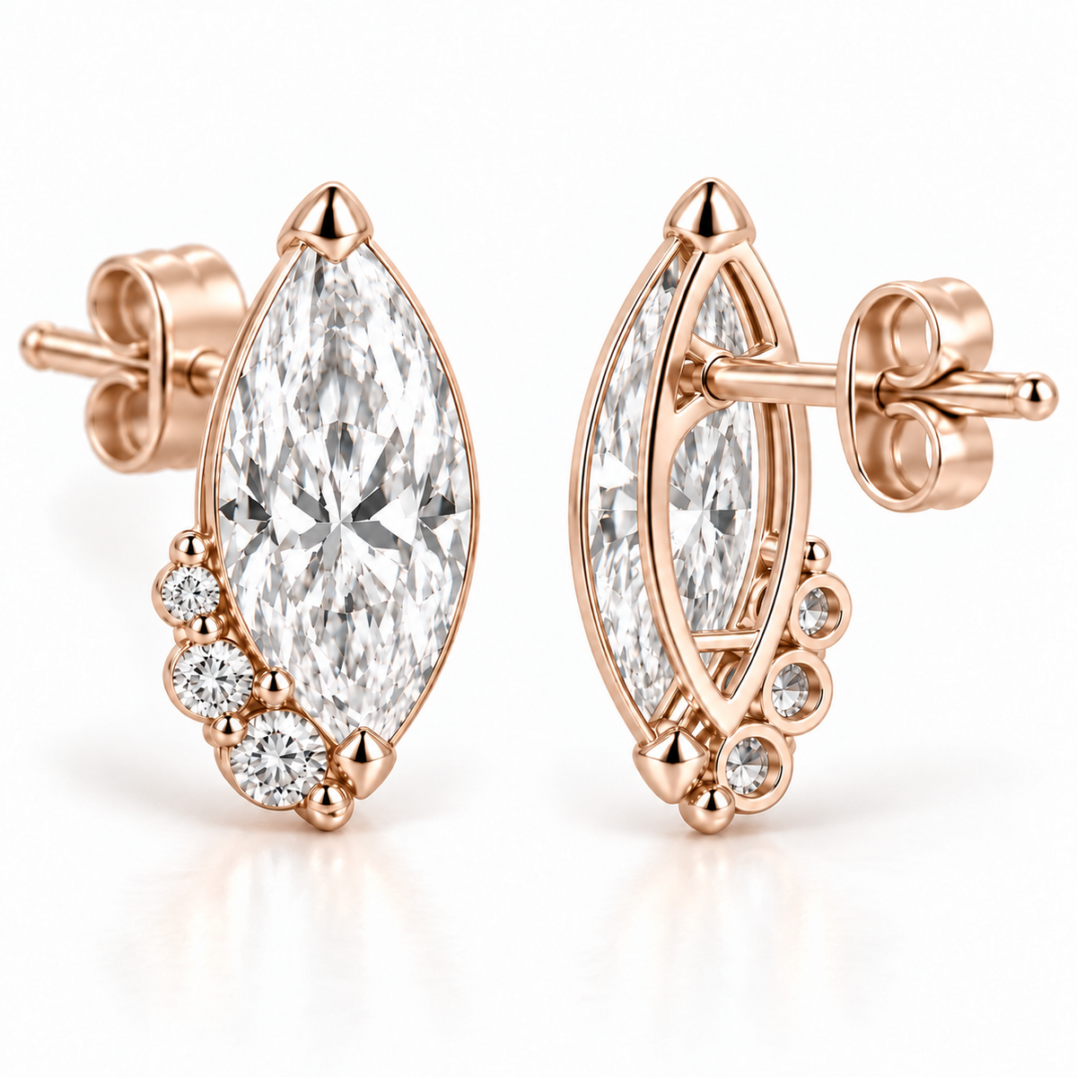 MISSISSI Marquise Curl lab-grown diamond earrings in 14K rose gold, rear and post profile.