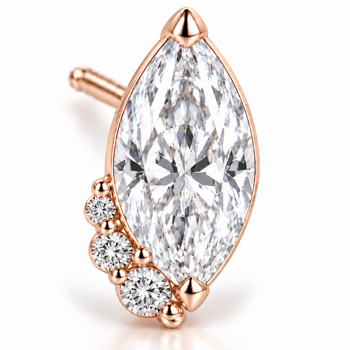 MISSISSI Marquise Curl lab-grown diamond earrings in 14K rose gold, diamond macro detail.