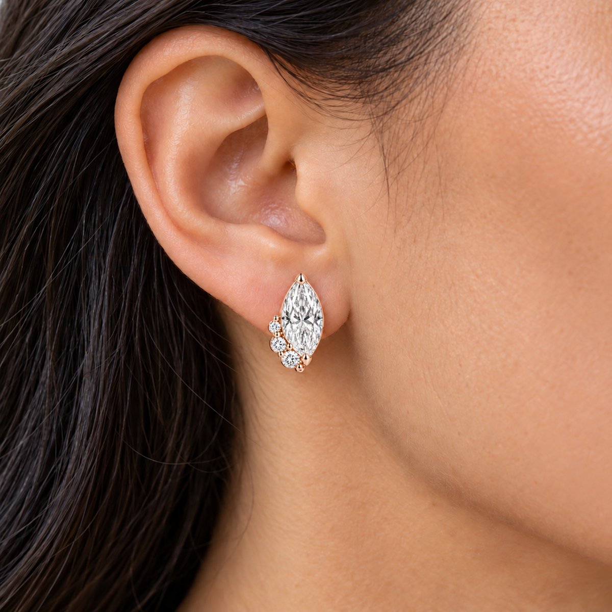 MISSISSI Marquise Curl lab-grown diamond earrings in 14K rose gold, natural-scale adult ear wear.