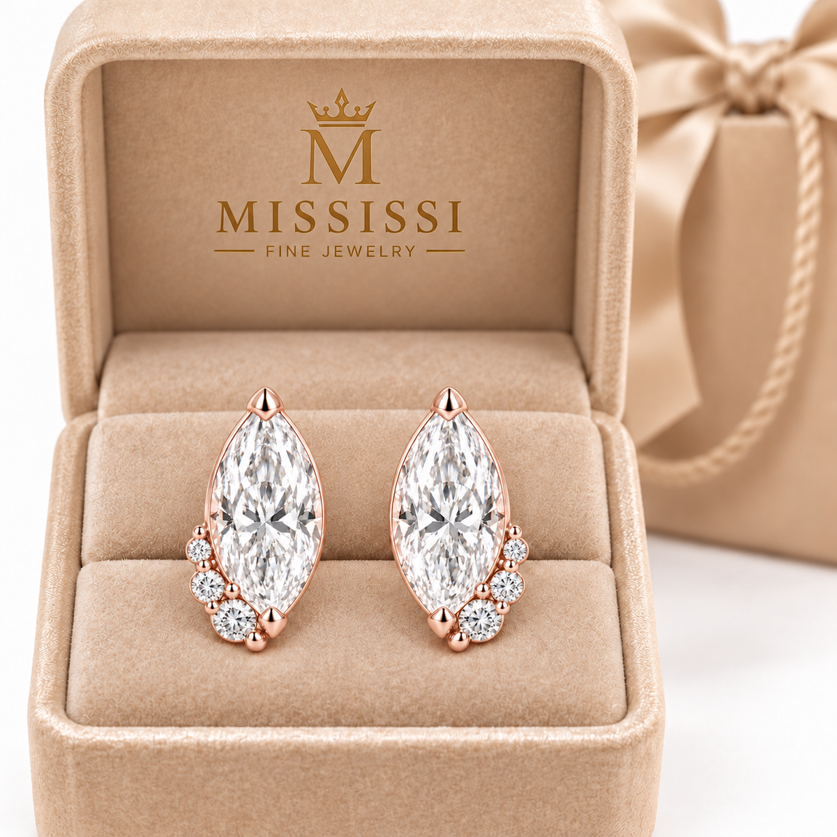 MISSISSI Marquise Curl lab-grown diamond earrings in 14K rose gold, branded jewelry box presentation.
