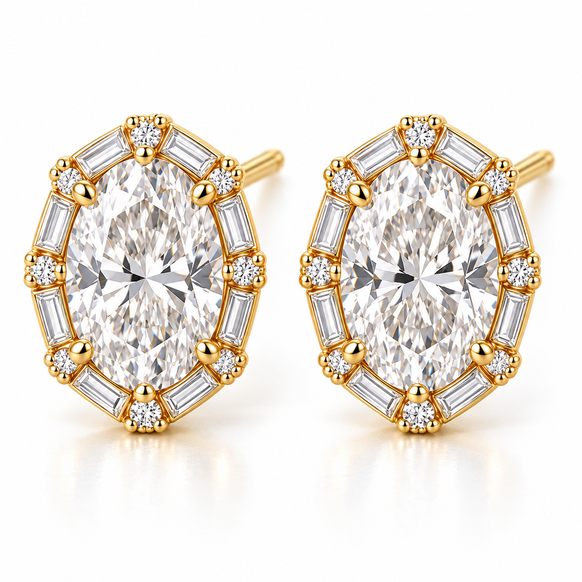 MISSISSI Oval Baguette Frame lab-grown diamond earrings in 14K yellow gold, front hero on white.