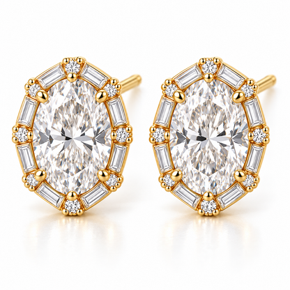 MISSISSI Oval Baguette Frame lab-grown diamond earrings in 14K yellow gold, front hero on white.