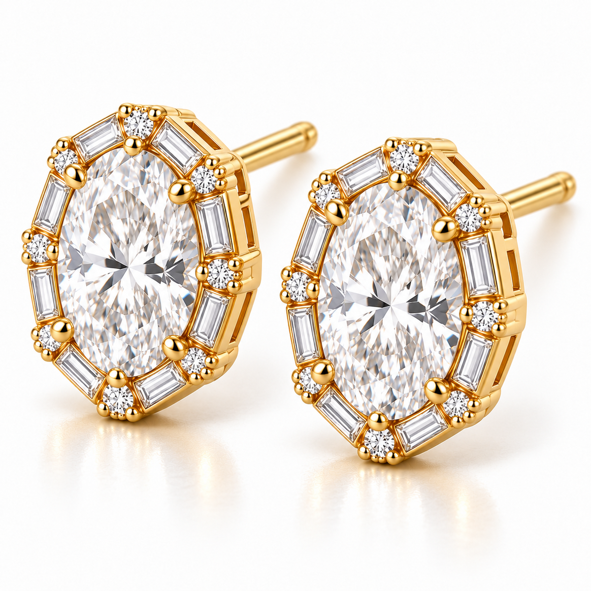 MISSISSI Oval Baguette Frame lab-grown diamond earrings in 14K yellow gold, three-quarter view.
