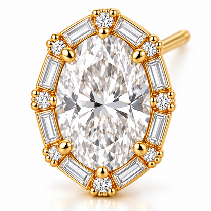 MISSISSI Oval Baguette Frame lab-grown diamond earrings in 14K yellow gold, diamond macro detail.