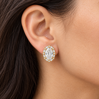 MISSISSI Oval Baguette Frame lab-grown diamond earrings in 14K yellow gold, natural-scale adult ear wear.