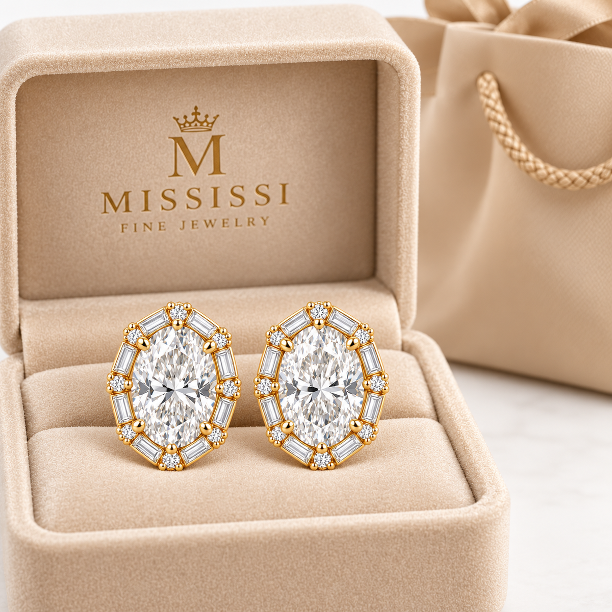 MISSISSI Oval Baguette Frame lab-grown diamond earrings in 14K yellow gold, branded jewelry box presentation.