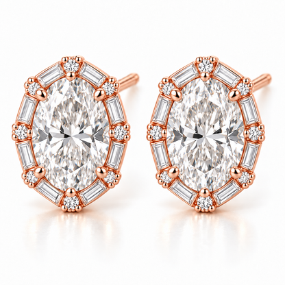 MISSISSI Oval Baguette Frame lab-grown diamond earrings in 14K rose gold, front hero on white.