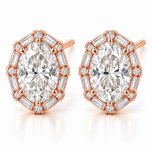 MISSISSI Oval Baguette Frame lab-grown diamond earrings in 14K rose gold, front hero on white.