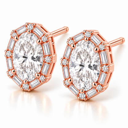 MISSISSI Oval Baguette Frame lab-grown diamond earrings in 14K rose gold, three-quarter view.