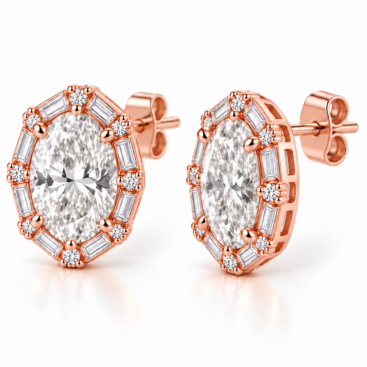 MISSISSI Oval Baguette Frame lab-grown diamond earrings in 14K rose gold, rear and post profile.