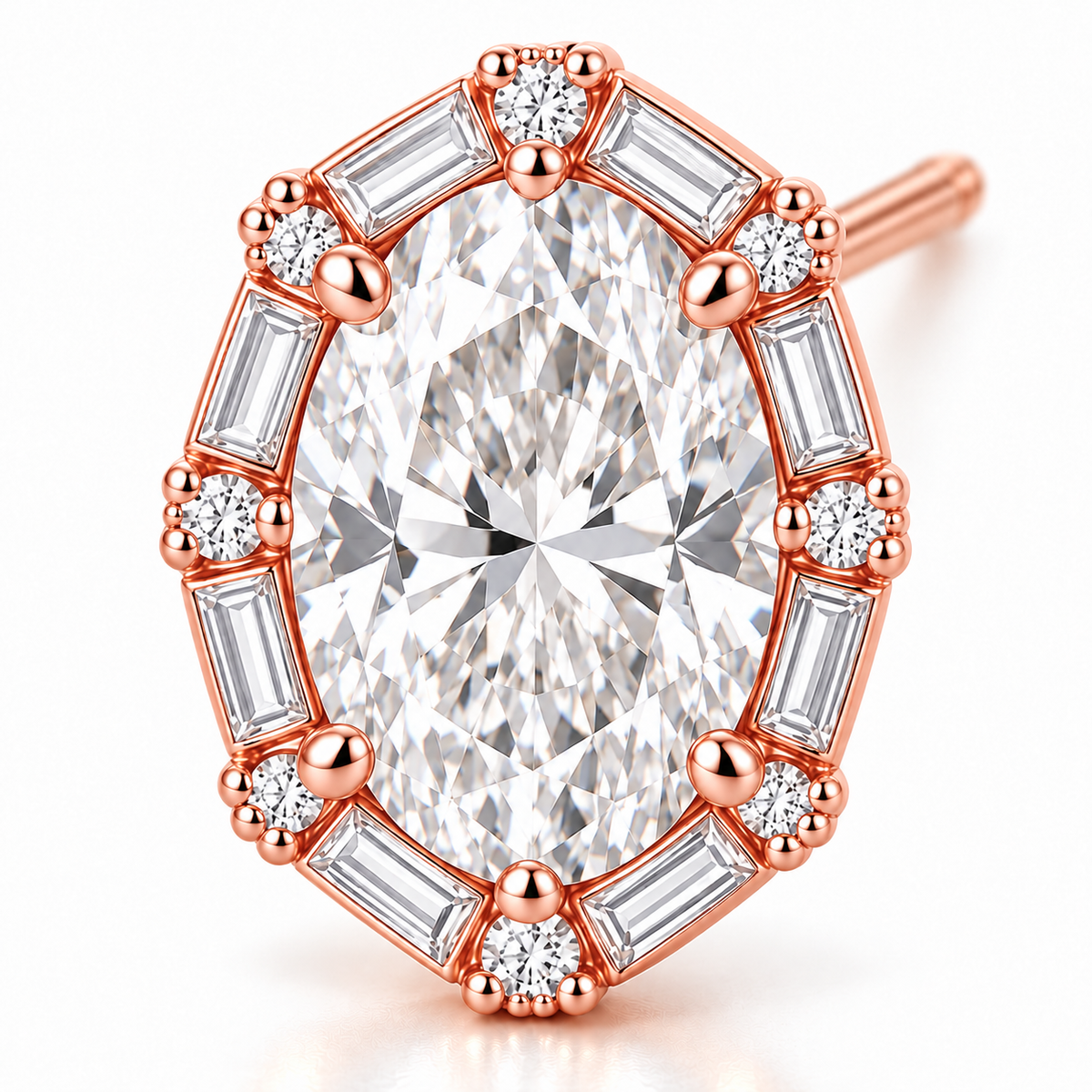 MISSISSI Oval Baguette Frame lab-grown diamond earrings in 14K rose gold, diamond macro detail.
