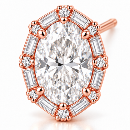 MISSISSI Oval Baguette Frame lab-grown diamond earrings in 14K rose gold, diamond macro detail.