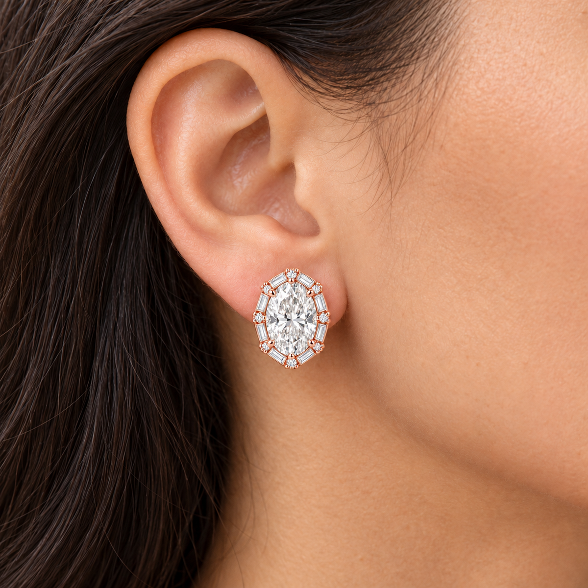 MISSISSI Oval Baguette Frame lab-grown diamond earrings in 14K rose gold, natural-scale adult ear wear.