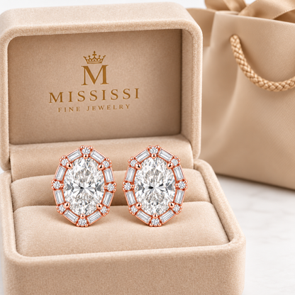 MISSISSI Oval Baguette Frame lab-grown diamond earrings in 14K rose gold, branded jewelry box presentation.
