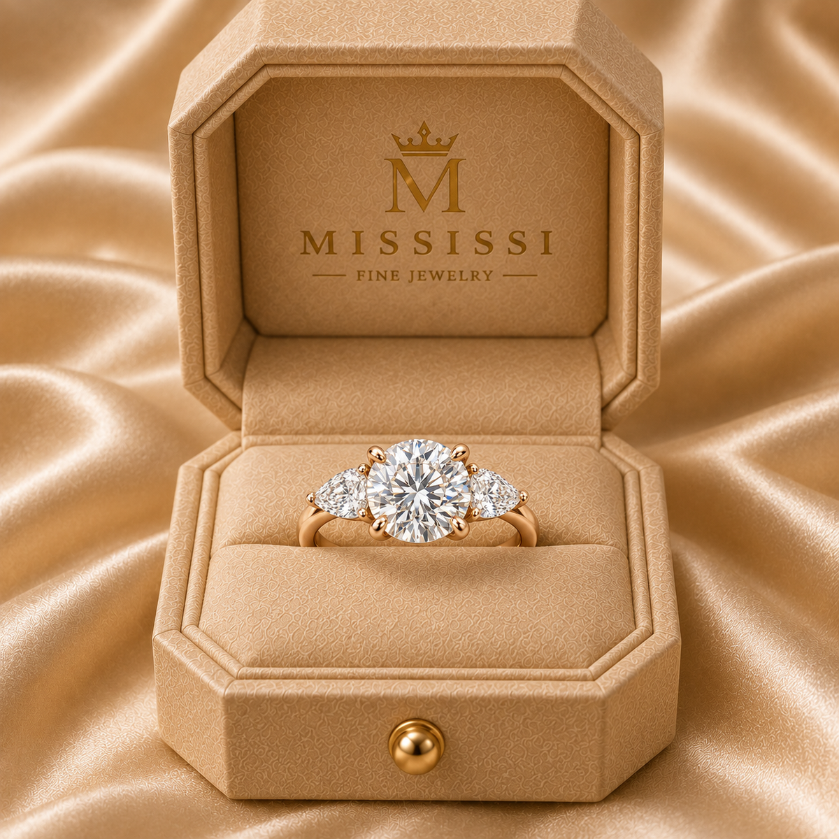 U17 round and pear three-stone lab-grown diamond ring in 14K rose gold inside the official champagne MISSISSI box, design visualization