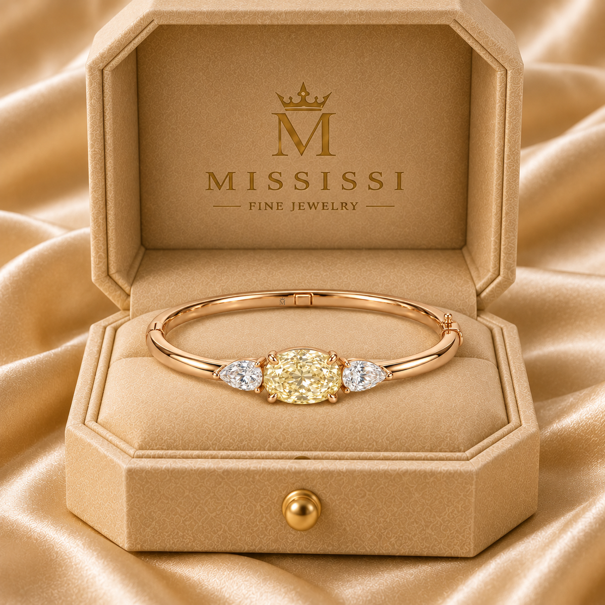 MISSISSI V19 yellow oval pear-side lab-grown diamond bangle, 14K rose gold, official champagne cut-corner packaging, design visualization