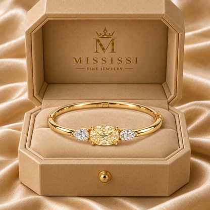 MISSISSI V19 yellow oval pear-side lab-grown diamond bangle, 14K yellow gold, official champagne cut-corner packaging, design visualization