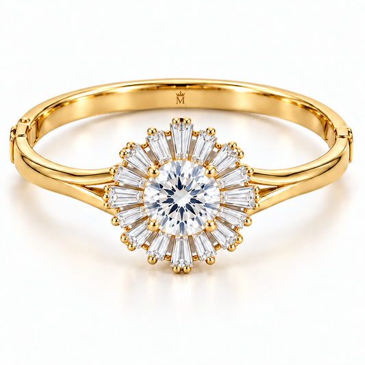 MISSISSI Baguette Sunburst diamond oval bangle in yellow gold, white-background hero