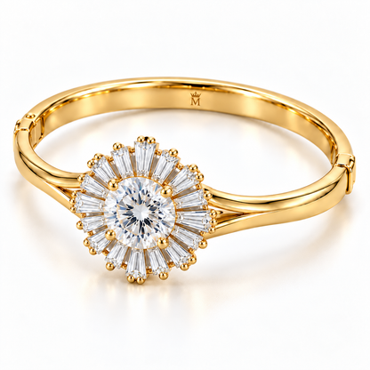 MISSISSI Baguette Sunburst diamond oval bangle in yellow gold, three-quarter view