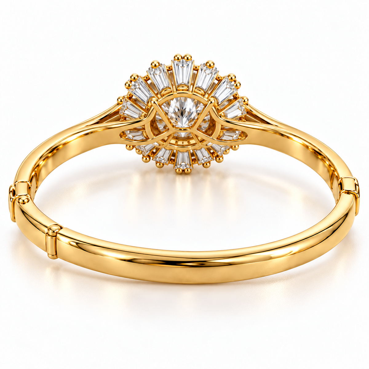 MISSISSI Baguette Sunburst diamond oval bangle in yellow gold, rear setting structure