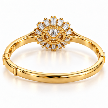 MISSISSI Baguette Sunburst diamond oval bangle in yellow gold, rear setting structure
