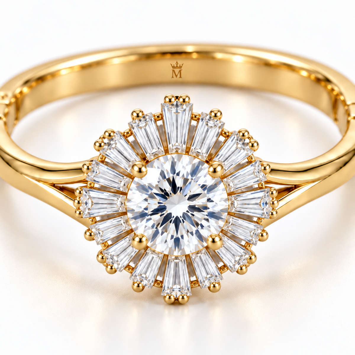 MISSISSI Baguette Sunburst diamond oval bangle in yellow gold, diamond detail