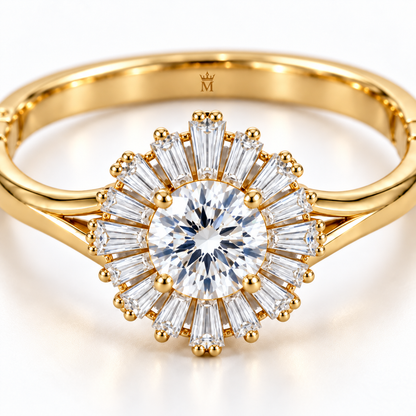 MISSISSI Baguette Sunburst diamond oval bangle in yellow gold, diamond detail